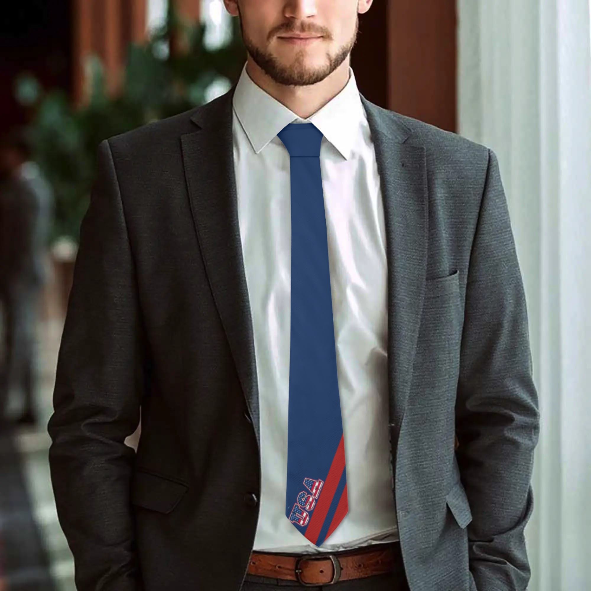 USA Flag Skinny Bandana‑Style Tie | Navy & Red All‑Over Print Necktie for Men & Women | Patriotic Polyester Accessory for Work, Weddings & Parties
