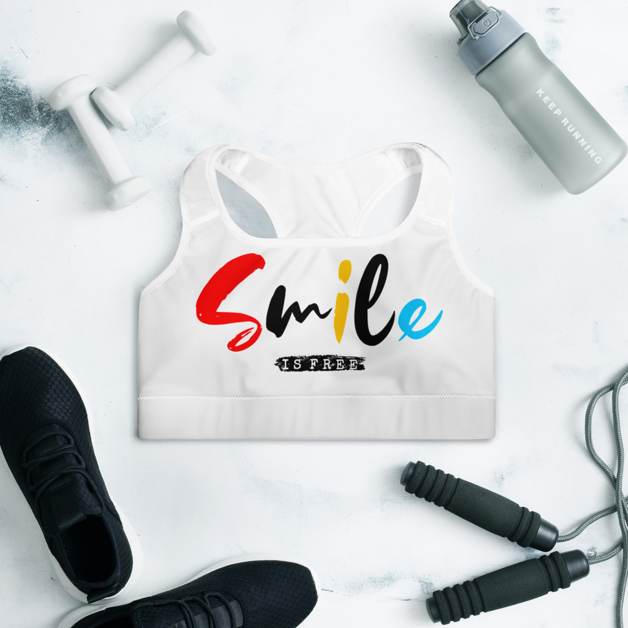 Smile Is Free Padded Sports and Sleep Bra | Motivational Activewear for Women | Comfy Racerback Bra with Removable Pads | Low-Medium Impact